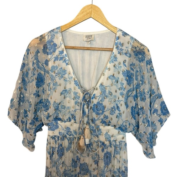 Hemant & Nandita Caleb Maxi Dress Blue White Dolman Sleeves Tiered Small S - Picture 8 of 16